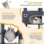 Árbol para Gatos, 203 cm con Plataforma Grande, Cueva Doble, 7 Postes Rascadores Pomponas Reposadería Hamaca Adecuado Para Todo TipodeGato Gris Claro/grisescuro Beige