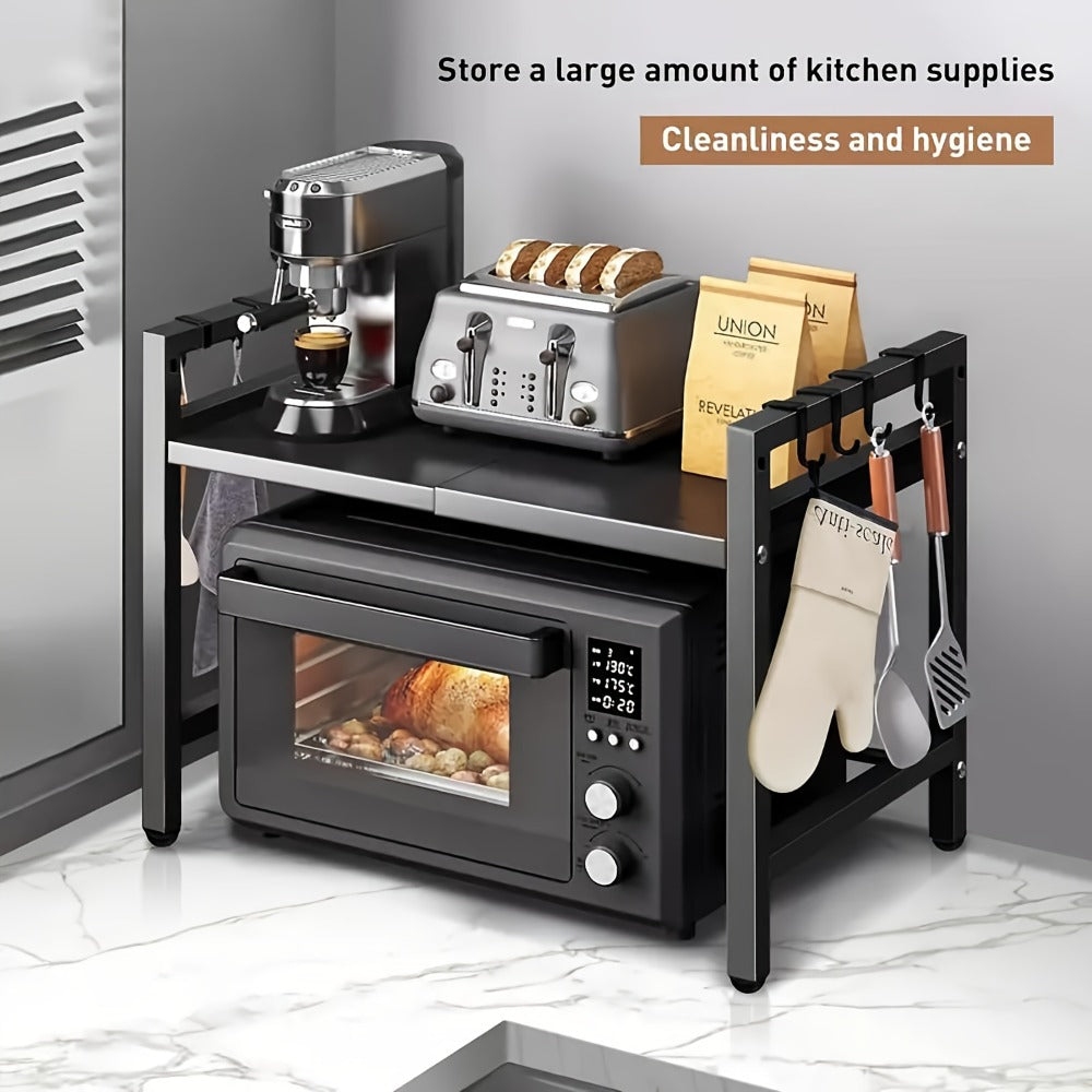 Estante de microondas extensible, estante de microondas de 2 niveles con 3 toallas, 5 ganchos, soporte para palillos y estante para tabla de cortar, organizador de cocina, estante para hornear en microondas, encimera, extensible de 40-64 cm (Negro, Blanco