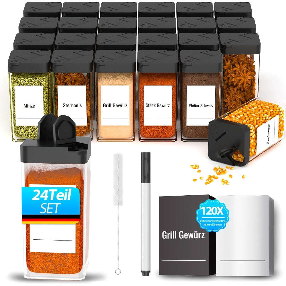 24 Piezas de Tarros Cuadrados de Boca Ancha con Dispensador de Polvo Perforado y Tapas Abatibles - Botellas de Especias de Plástico Ideales para Almacenamiento/Esenciales para BBQ al Aire Libre, Contenedores Ligeros y Pequeños (Económicos)