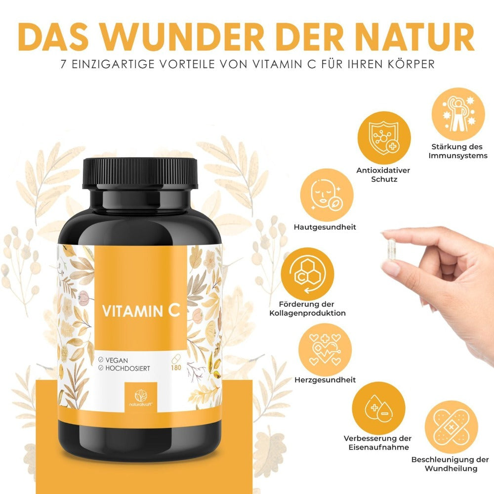 NATURALKRAFT® Premium Vitamina C 1000 Mg Por Dosis Diaria con Polvo de Fosfolípidos de Girasol y Extracto de Rosa Mosqueta - 180 Cápsulas Veganas - Mayor Biodisponibilidad, Probado en Laboratorio y Sin Aditivos.