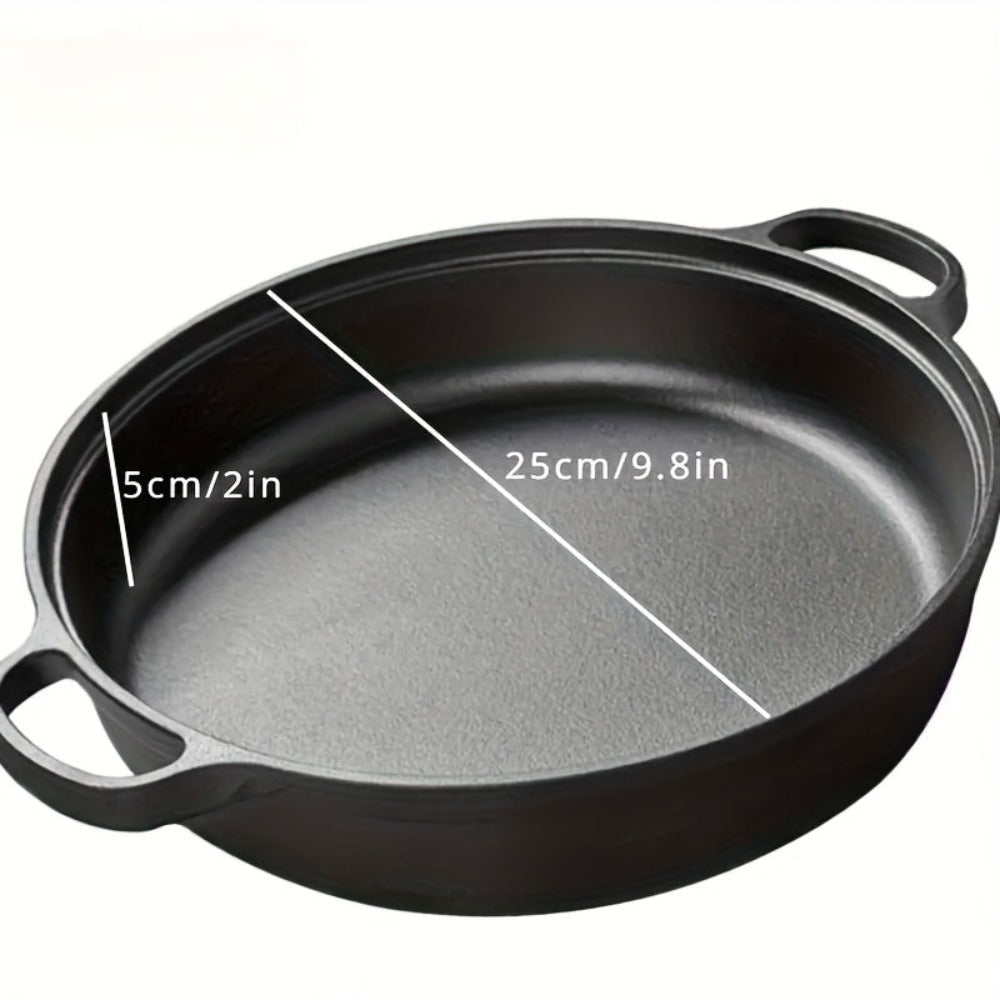 Olla de hierro fundido de 25CM con doble asa y tapa de madera, material de hierro fundido de alta calidad, conducción de calor uniforme, compatible con vaporización, fritura, estofado y hervido, apta para cocinas de inducción, estufas de cerámica y fuego