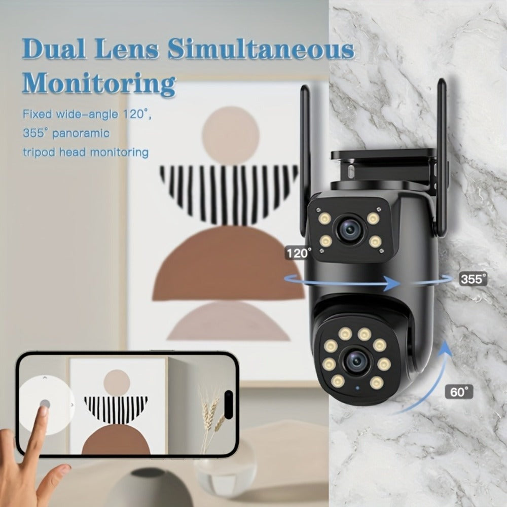 Cámara de seguridad PTZ para exterior de 1080P con enlace de doble lente, cámara inalámbrica, vista de 360°, seguimiento automático, detección humana, alarma de luz, visión nocturna en color, WiFi 2.4G, grabación 24/7, audio bidireccional