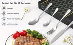 Juego de cubiertos de acero inoxidable de 48 piezas para 12 personas | Elegante caja de regalo, cubiertos premium, pulido espejo, apto para lavavajillas, cuchillos para bistec, tenedores y cucharas ergonómicas | para reuniones familiares, bodas, inaugurac
