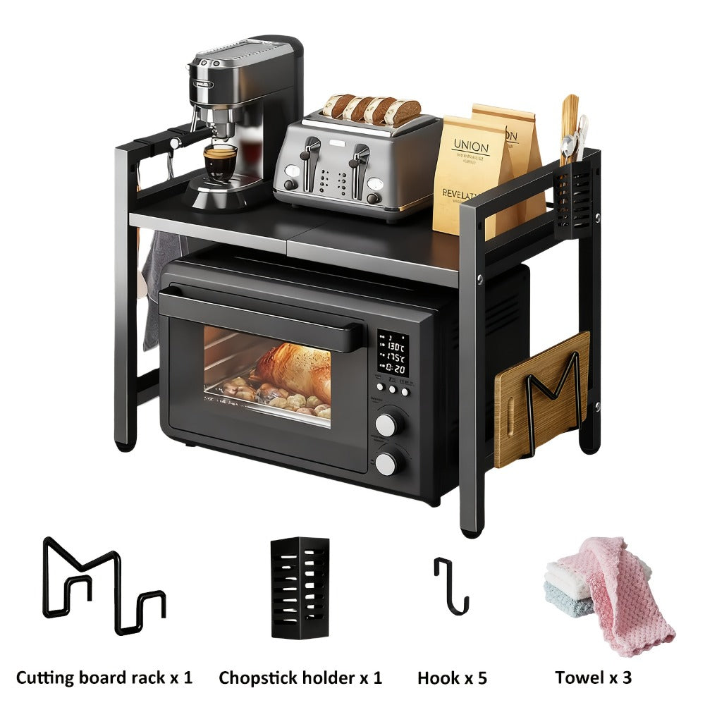 Estante de microondas extensible, estante de microondas de 2 niveles con 3 toallas, 5 ganchos, soporte para palillos y estante para tabla de cortar, organizador de cocina, estante para hornear en microondas, encimera, extensible de 40-64 cm (Negro, Blanco