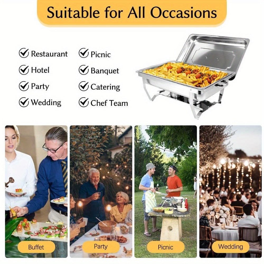 Juego de calentador de alimentos de acero inoxidable, plateado - Incluye tapa aislada, bandeja de agua, bandeja para alimentos, marco, rejilla de combustible - Adecuado para uso comercial y doméstico, utensilios de bufé con tapa cuadrada de acero inoxidab