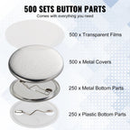 VEVOR 500 Juegos de Botones de 1.25 pulgadas (32 mm) para Máquina de Botones, Piezas para Creación de Insignias Redondas, Incluye Partes de Metal, Botones de Plástico/Metal, Película Transparente y Papel en Blanco para Regalos y Presentes