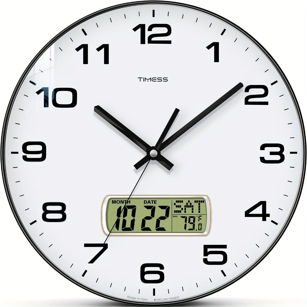 Reloj de Pared Analógico TIMESS con Calendario, Esfera Grande Silenciosa 12/14 Pulgadas en 2 Colores, Muestra Fecha Perpetua y Temperatura Fahrenheit, Decoración para Dormitorio, Oficina o Escuela