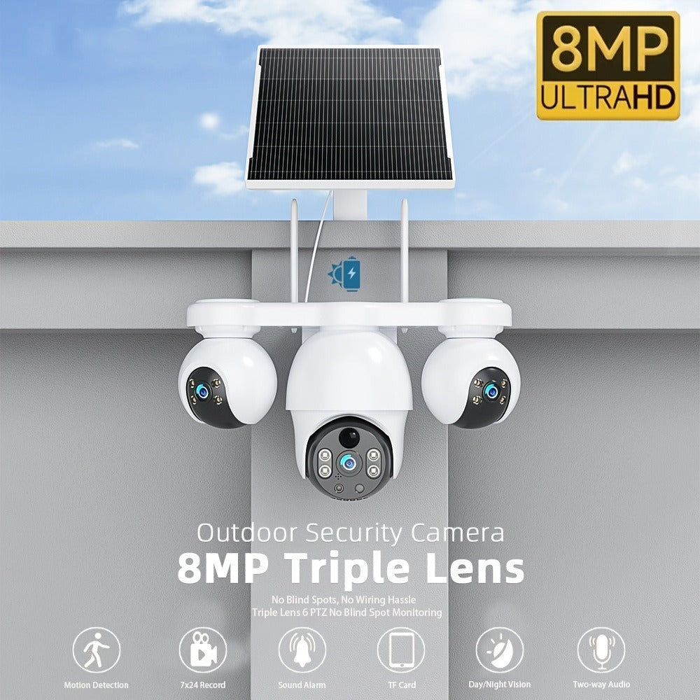 Cámara de Seguridad Inteligente para el Hogar V380MAX | Grabación de 8MP durante todo el día, compatible con Wi-Fi de 2.4GHz y 4G LTE, sistema de vigilancia inalámbrico con energía solar. Cuenta con rotación de 360°, visión nocturna a color, audio bidirec