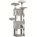 Árbol para Gatos, 180 cm con 8 Postes para Rascar, 3 Plataformas, 2 Cuevas, Cesta, Pelotas de Peluche, Cuerda de Sisal, Adecuado para Gatos de Varios Tamaños, Beige/Gris Claro/Gris Oscuro