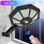 Juego de 2 farolas solares con sensor de movimiento y control remoto, luces solares de jardín de 168 LED con 3 modos de iluminación, reflector de iluminación de ángulo amplio de 360°, para calles comerciales, garajes, patios, terrazas de jardín y emergenc