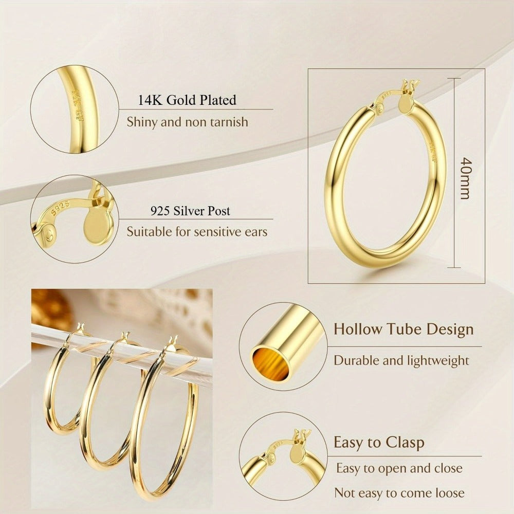 Pendientes de aro plateados de oro de 14K para mujer con poste de plata 925, aros huecos de 4 mm de grosor, aros dorados, aros grandes dorados hipoalergénicos y ligeros de 25/30/40/50/60/70 mm