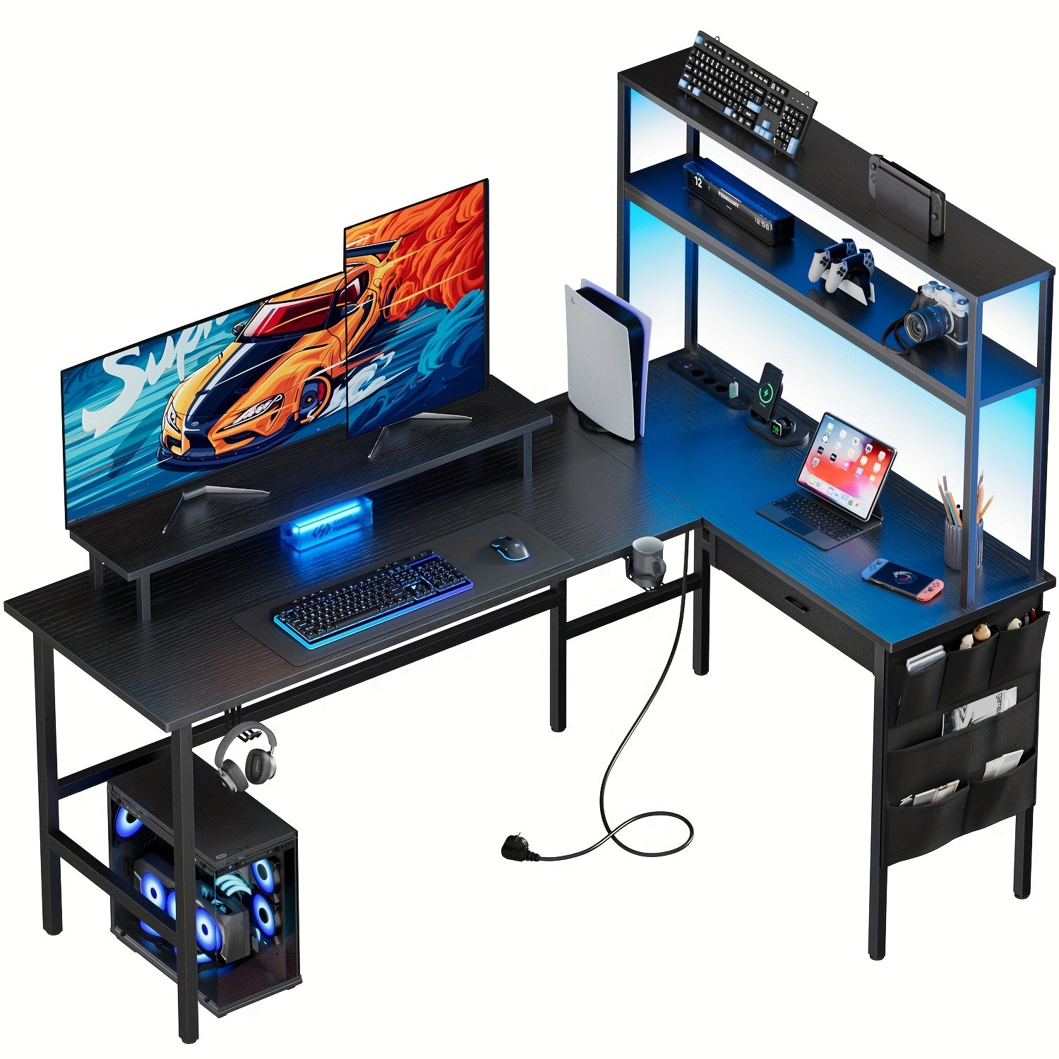 Escritorio Gaming en Forma de L con Luz LED y Toma de Corriente - Escritorio para Gamers, Escritorio Reversible para Computadora de 59/67 Pulgadas con Estantes de Almacenamiento y Cajón y Bolsa, Mesa de Juego de Esquina con Soporte para Monitor, Oficina e