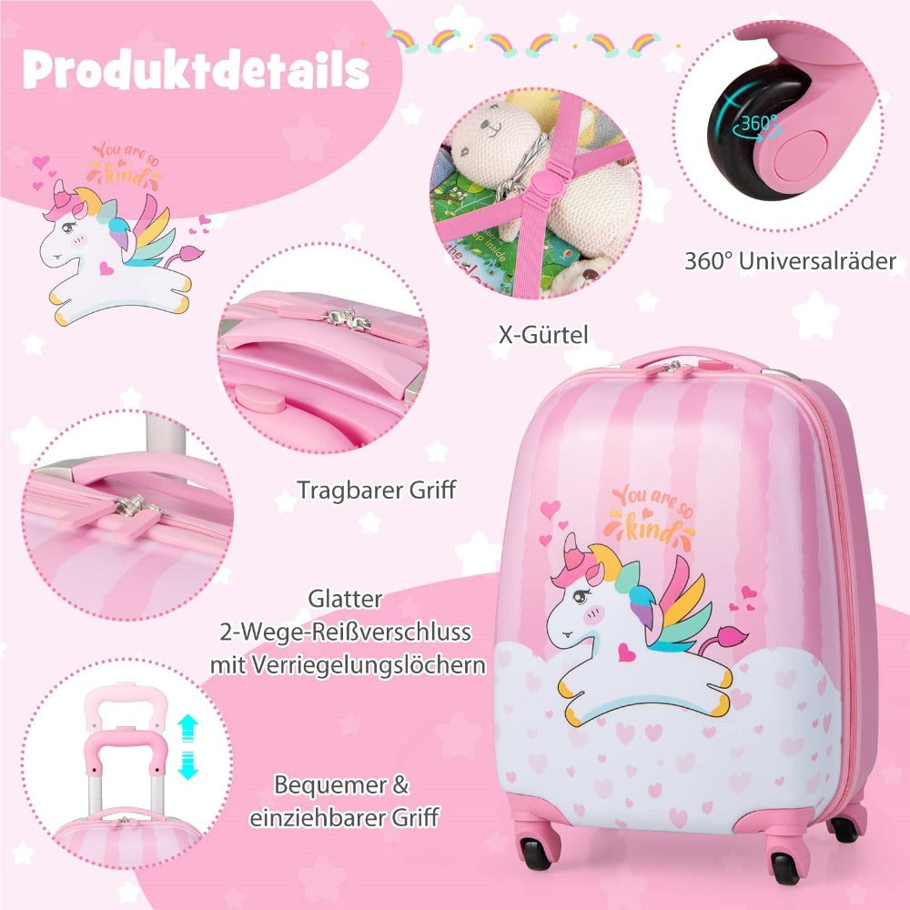 Juego de equipaje para niños de 2 piezas + Mochila, Trolley infantil de plástico, Equipaje infantil, Juego de equipaje de mano para viaje, Maleta rígida para niños y niñas (Unicornio rosa, 12"+16")