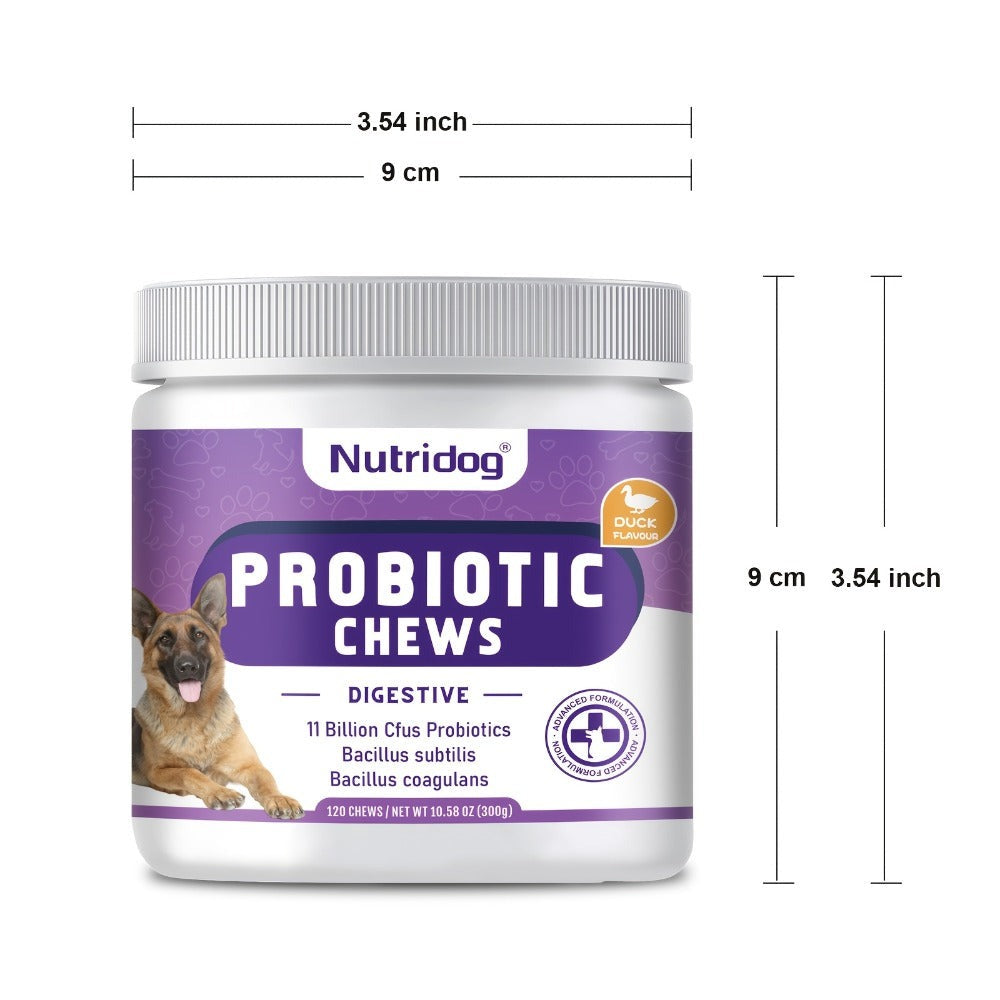 Probióticos para Perros en Masticables, Sabor a Pato - Apoya la Salud Intestinal, Equilibrio Digestivo - Masticables Suaves con Prebióticos y Probióticos (120 Unidades) (Pato)