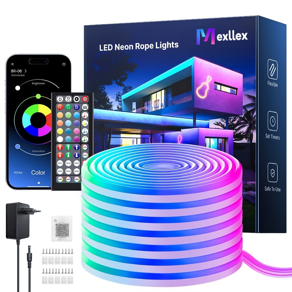 Tira de Luz LED RGB Neon de 30m/20m/15m/10m/5m con Sincronización Musical, Tira Flexible de 24V con Aplicación y Control Remoto, Tira de Luz Exterior IP"67", Ideal para Dormitorio, Habitación y Decoración Exterior
