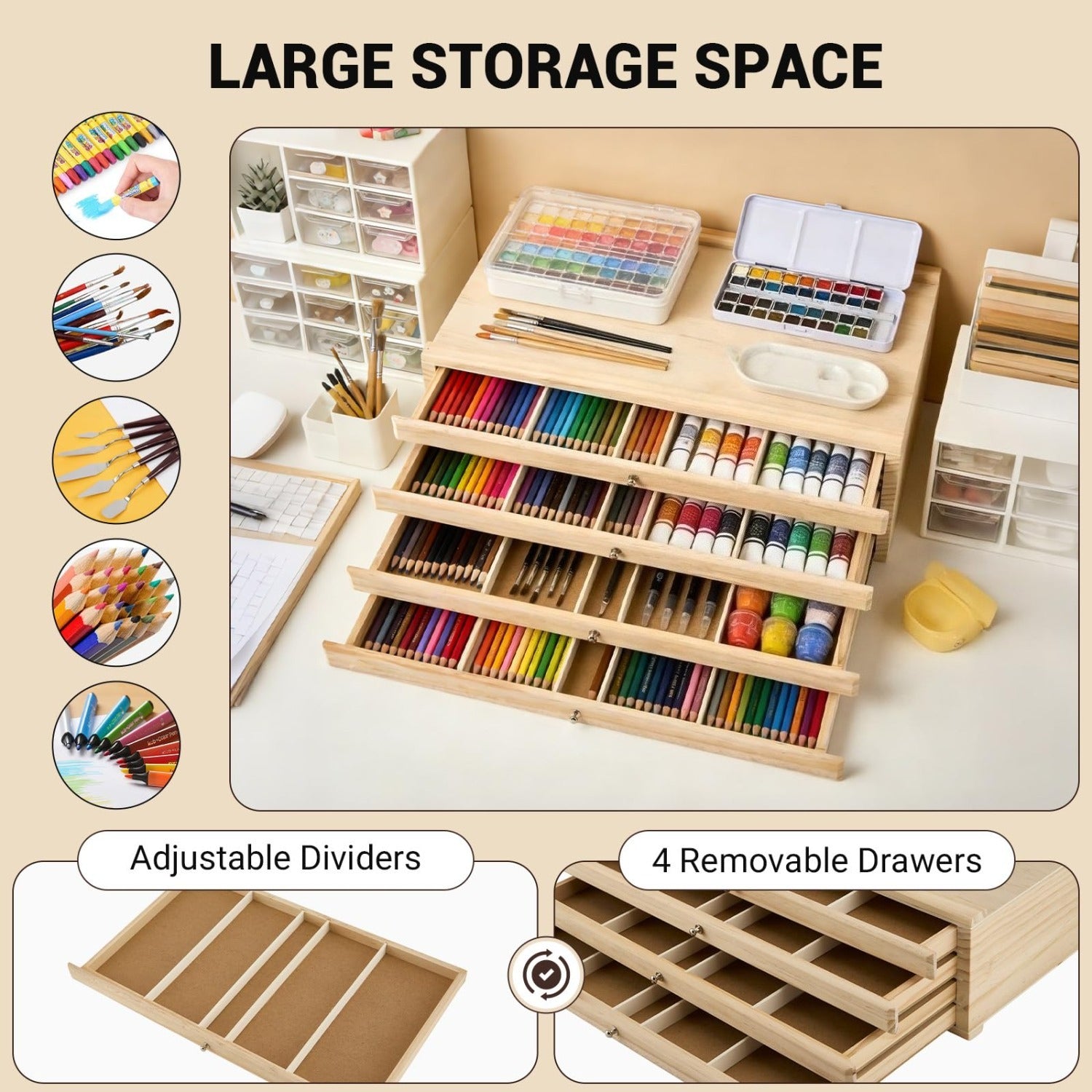Caja de Almacenamiento para Materiales de Arte de 4/8 Capas - Estuche Grande Multifuncional con Cajones y Separadores, Adecuado para Tizas de Colores, Lápices, Bolígrafos, Marcadores, Pinceles y Sellos, También se Puede Utilizar Como Caballete o Decoració