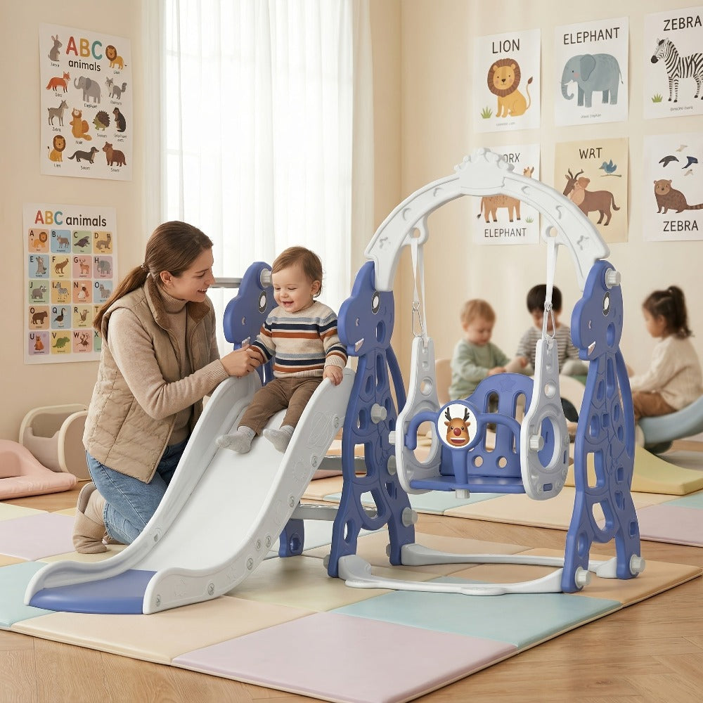 Tobogán infantil arqueado 4 en 1, tobogán infantil con columpio y canasta de baloncesto, longitud del tobogán 145 cm, apto para toboganes infantiles de interior y exterior, toboganes de jardín, toboganes para niños pequeños, parques infantiles