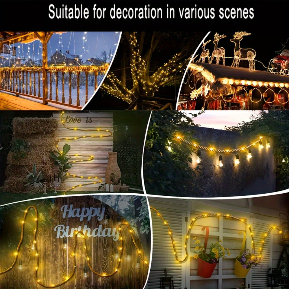 Guirnalda de luces LED | 2/4 piezas 200/100 LED Guirnaldas de Luces Solares para Exterior, Guirnaldas de Hadas Solares Vintage de Cuerda y Cáñamo
