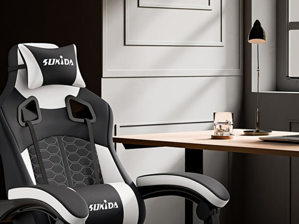 Silla Gaming, Silla Esports, Silla Gaming Ergonómica con Reposapiés, Silla Gaming de Carreras con Reposacabezas Ajustable, Silla de Ordenador con Altura Ajustable y Soporte Lumbar, Adecuada para Oficina en Casa y Gaming, Beige, Azul, Negro, Rojo, Naranja