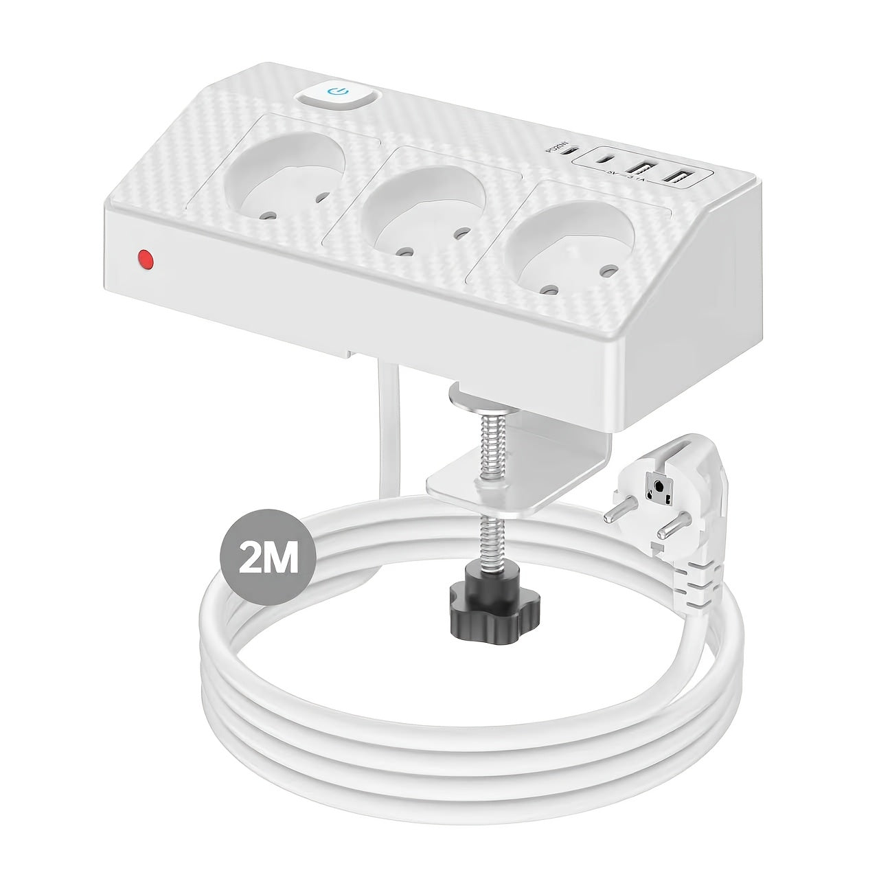 Tira de escritorio multifuncional 7 en 1 con carga rápida USB-C PD20W, toma de mesa con protección contra sobretensiones HAFINO en o blanco con 2 puertos USB-A, 3 tomas de CA y cable de extensión de 2 metros para uso en hogar y oficina, 1 pieza