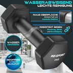 RE:SPORT® Juego de Mancuernas 3 Pares, 1Kg - 5Kg, 12Kg o 18Kg con Soporte y 3 Bandas Elásticas Fitness | Mancuernas Cortas Antideslizantes de Neopreno para Mujeres y Hombres | Juego de Mancuernas