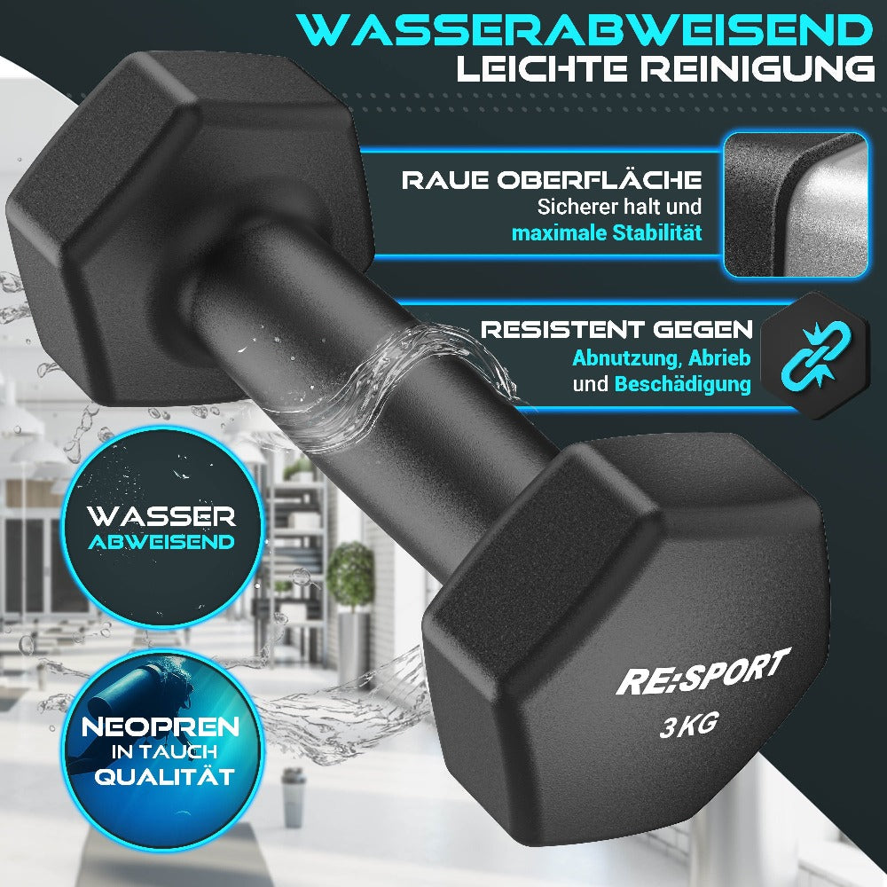 RE:SPORT® Juego de Mancuernas 3 Pares, 1Kg - 5Kg, 12Kg o 18Kg con Soporte y 3 Bandas Elásticas Fitness | Mancuernas Cortas Antideslizantes de Neopreno para Mujeres y Hombres | Juego de Mancuernas