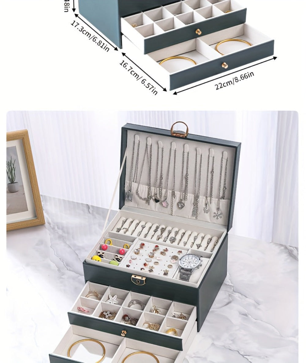 Joyero de tres capas de terciopelo y piel sintética, compacto y portátil para guardar aretes, anillos, collares y otros suministros para hacer joyas