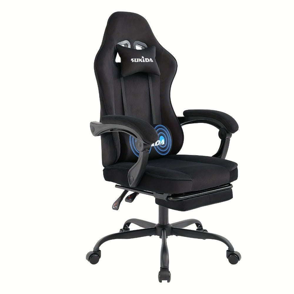 Silla de gaming SUKIDA de tela, silla de gaming ergonómica con reposapiés, silla de carreras para ordenador ajustable con soporte lumbar, silla ergonómica para PC negra