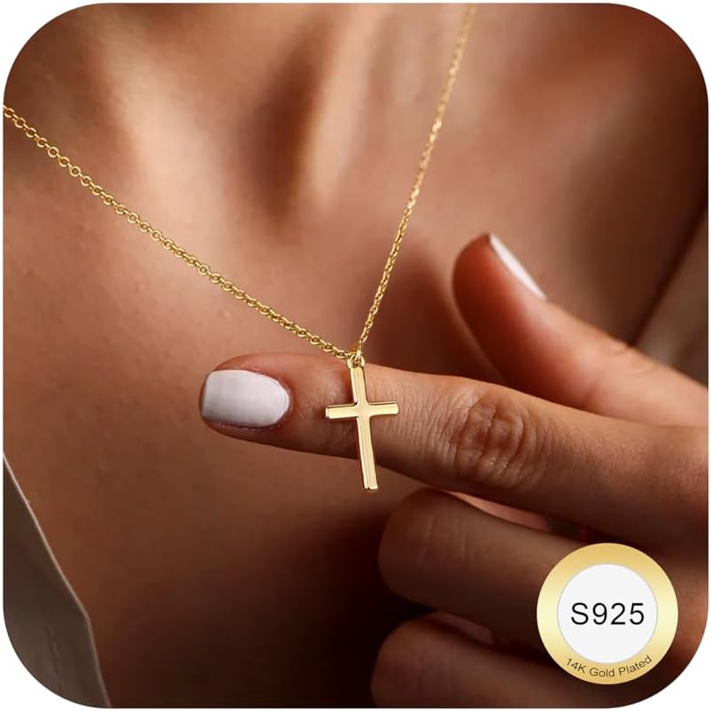 Collar de Cruz para Mujer, Plata 925, Colgante de Cruz Bañado en Oro de 18K con Cadena de 40+5 cm, Dorado/Blanco, Don Espiritual,Regalo Para Ella,Colgante Elegante,Artesanía Fina,Accesorio de Moda,Compradores con Estilo