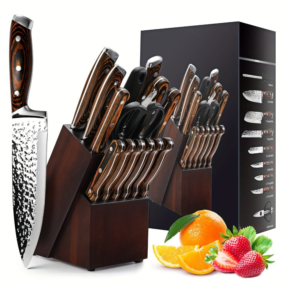 Juego de 15 cuchillos de chef con cuchillo de cocina, afilador, bloque de madera, cuchillos de acero inoxidable de alto carbono y mangos de madera coloridos
