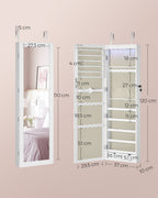 Armario Joyero Con Espejo, Joyero Para Pared O Puerta, Con Cerradura, 2 Cajones, 10 X 37 X 120 Cm, organizador pulseras collares pendientes anillos, diseño moderno accesorios joyas decoración dormitorio elegante, Regalos de Festivos, Regalos de Navidad