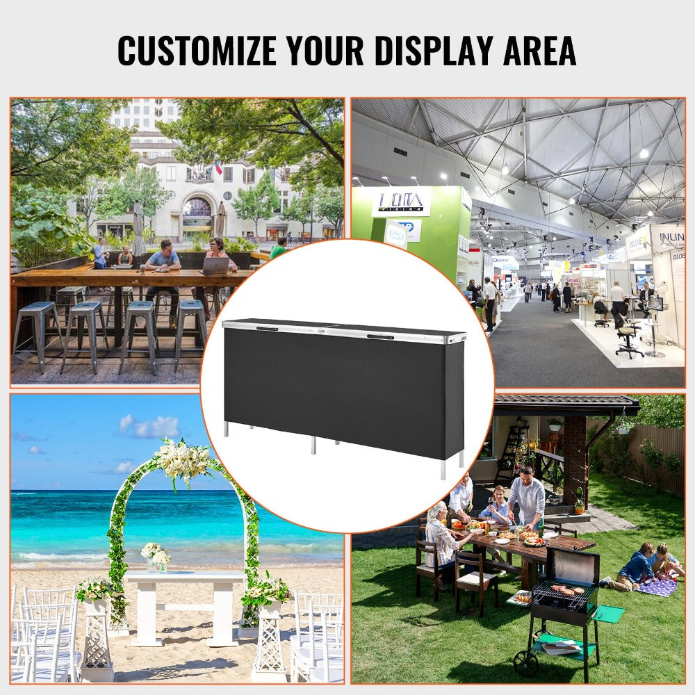VEVOR Mesa Podio Portátil para Ferias, 77.95" x 15.16" x 34.65", Soporte de Exhibición para Mostrador de Ferias con Pared, Mesa Podio Plegable para Promociones y Ventas Minoristas con Estante de Almacenamiento y Bolsa de Transporte