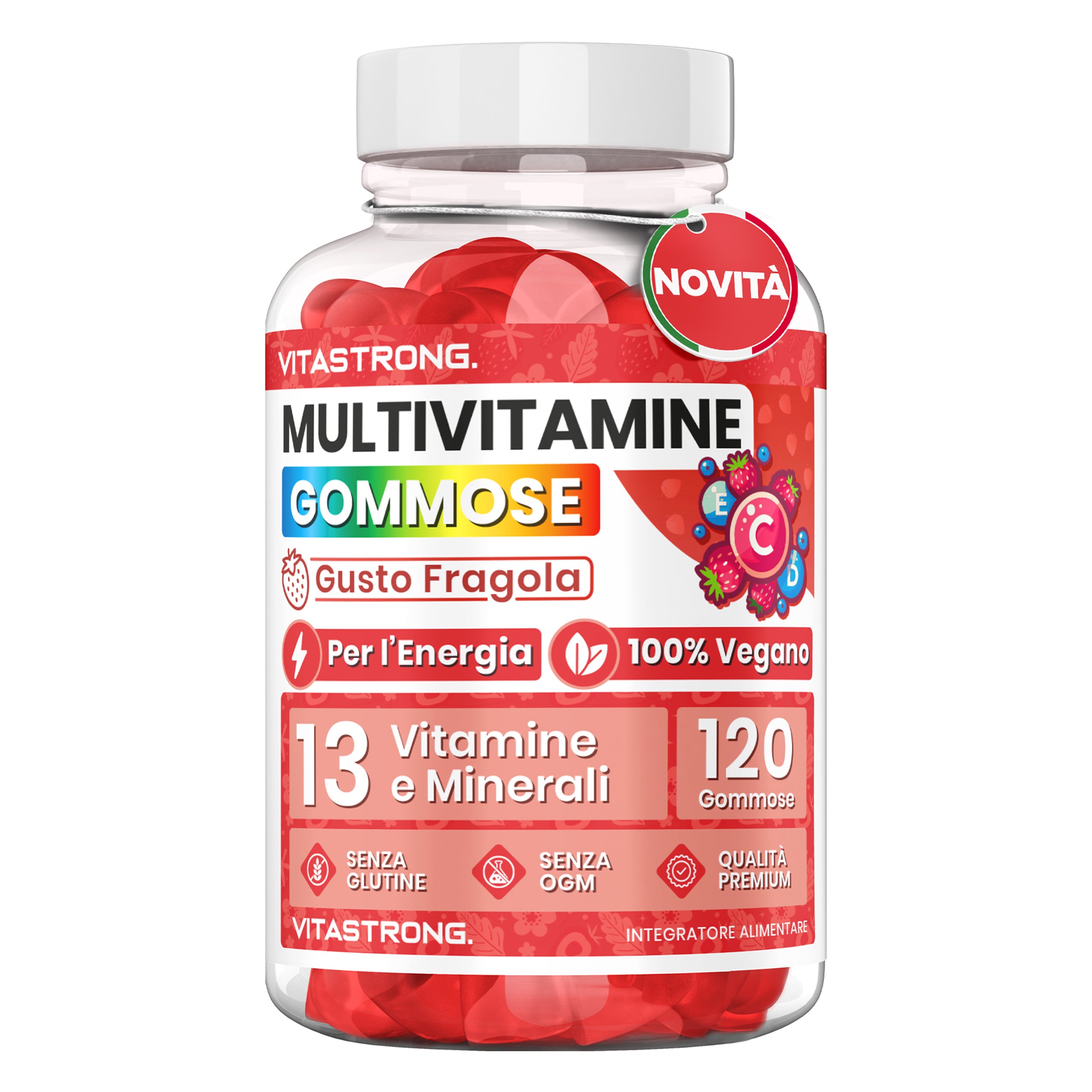 Gomitas multivitamínicas Vitastrong, 120 gomitas, 13 vitaminas y minerales, suplemento dietético para adultos, fórmula 100 % vegana, sin gluten, sin lactosa, sin sacarosa