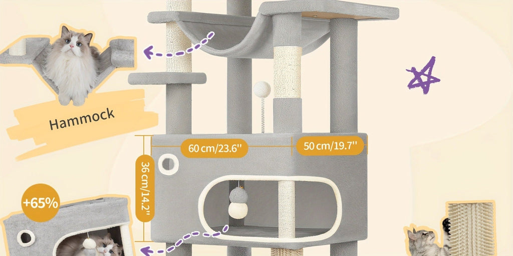 Árbol para Gatos, 203 cm con Plataforma Grande, Cueva Doble, 7 Postes Rascadores Pomponas Reposadería Hamaca Adecuado Para Todo TipodeGato Gris Claro/grisescuro Beige