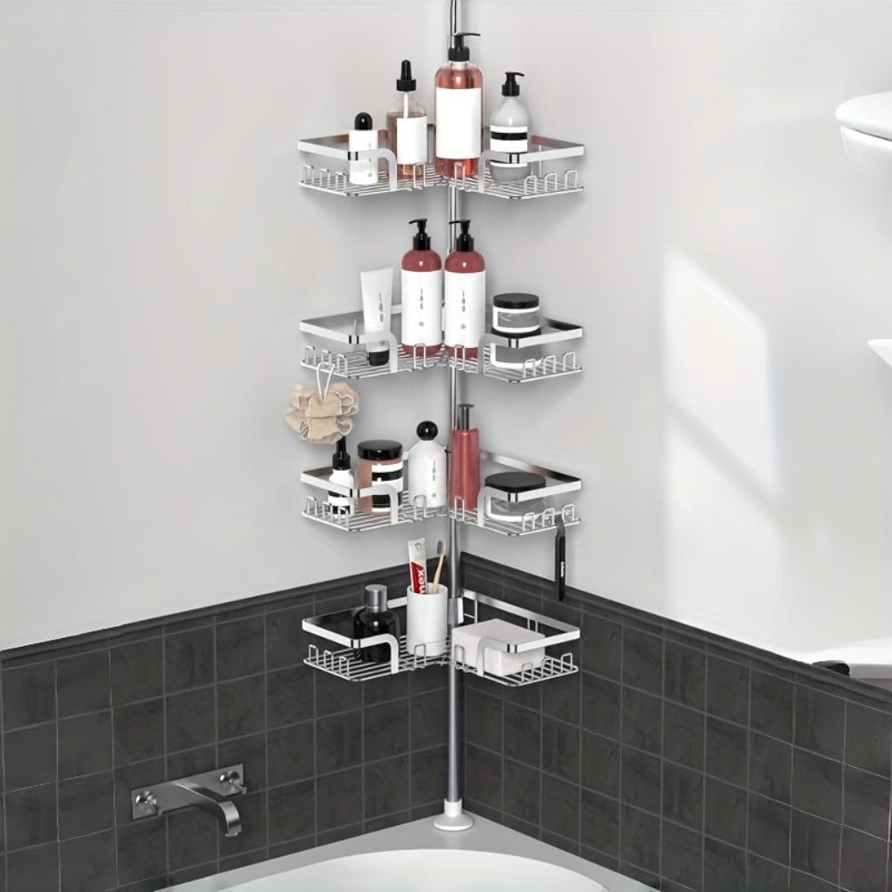 Estante de esquina para baño de 4 niveles a prueba de óxido, caja de almacenamiento para bañera para accesorios de champú, de pie ajustable, estante de almacenamiento para baño a prueba de óxido con barra de tensión, adecuado para artículos esenciales de