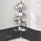 Estante de esquina para baño de 4 niveles a prueba de óxido, caja de almacenamiento para bañera para accesorios de champú, de pie ajustable, estante de almacenamiento para baño a prueba de óxido con barra de tensión, adecuado para artículos esenciales de