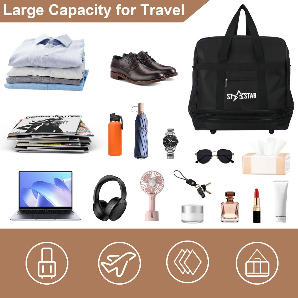 1 bolsa de viaje plegable de gran capacidad - Ligera, portátil, tela Oxford - Ideal para camping, senderismo, viajes familiares, eventos deportivos, escapadas de fin de semana, compras, mudanzas, con ruedas (negro)