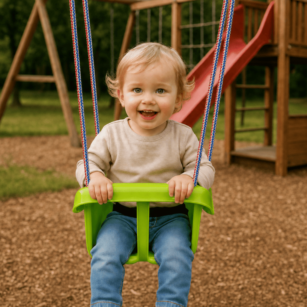 Colgacama tipo cubo para niños con cinturón de seguridad y cuerdas ajustables, asiento con respaldo alto y protección lateral, polipropileno duradero resistente a las condiciones climáticas y radiación UV, colgacama fácil de limpiar para el jardín, terraz