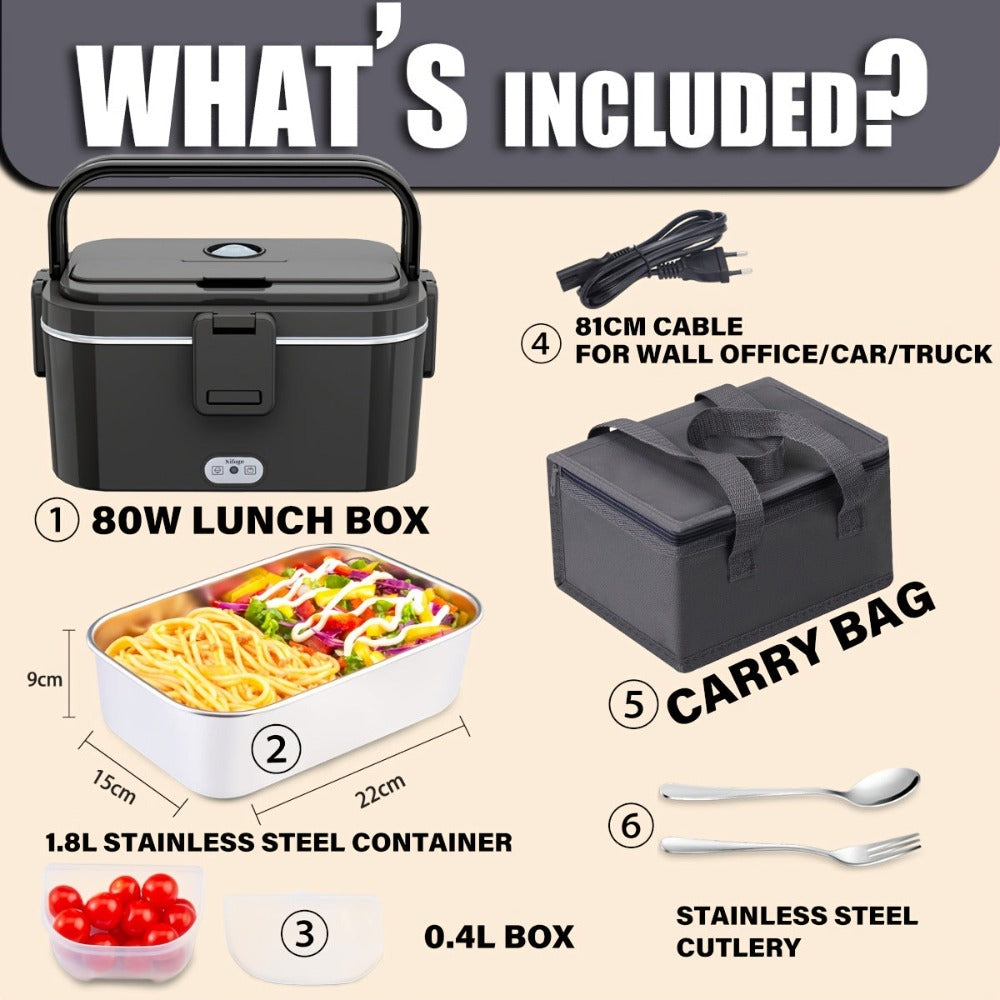 Esta lonchera cuenta con una potencia de 80W y una capacidad de 1.8 litros, lo que la hace ideal para comidas de adultos. Es una lonchera térmica portátil y diseñada para calentar alimentos en cualquier lugar. Incluye una bolsa térmica y un juego de cubie