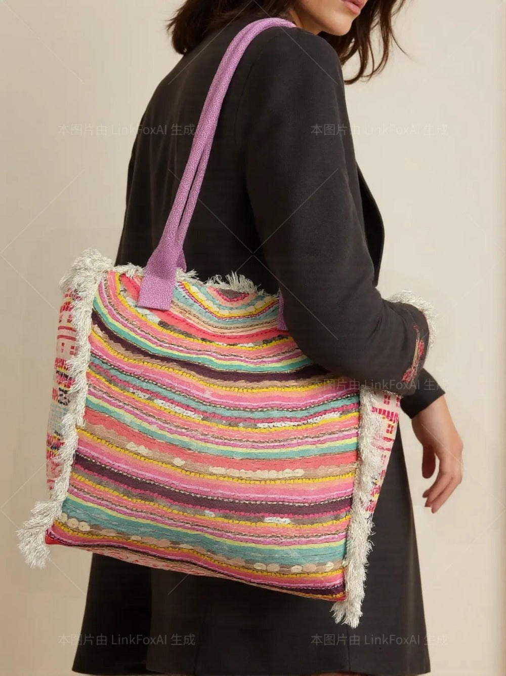 MEJORADA Bolso de playa grande con estampado bohemio, ideal para verano, con flecos de algodón, forro interior y bolsillos, 55×37×19 CM, tejido 100% poliéster