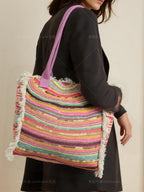 MEJORADA Bolso de playa grande con estampado bohemio, ideal para verano, con flecos de algodón, forro interior y bolsillos, 55×37×19 CM, tejido 100% poliéster