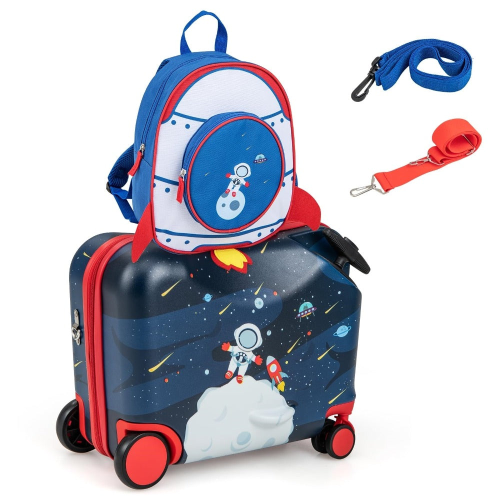 Juego de Equipaje Infantil de 2 Piezas + Mochila, Maleta con Ruedas de 12"+18" y Carcasa Impermeable, Equipaje para Niños y Niñas con Tema de Astronauta (Tema Astronauta)