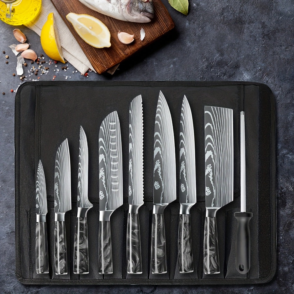 Juego de 8 cuchillos, perfecto para uso en la cocina, con hojas de acero inoxidable ultra afiladas para un rendimiento duradero. Disponible en azul, verde, negro y morado, viene con una funda de nailon para un almacenamiento y transporte convenientes