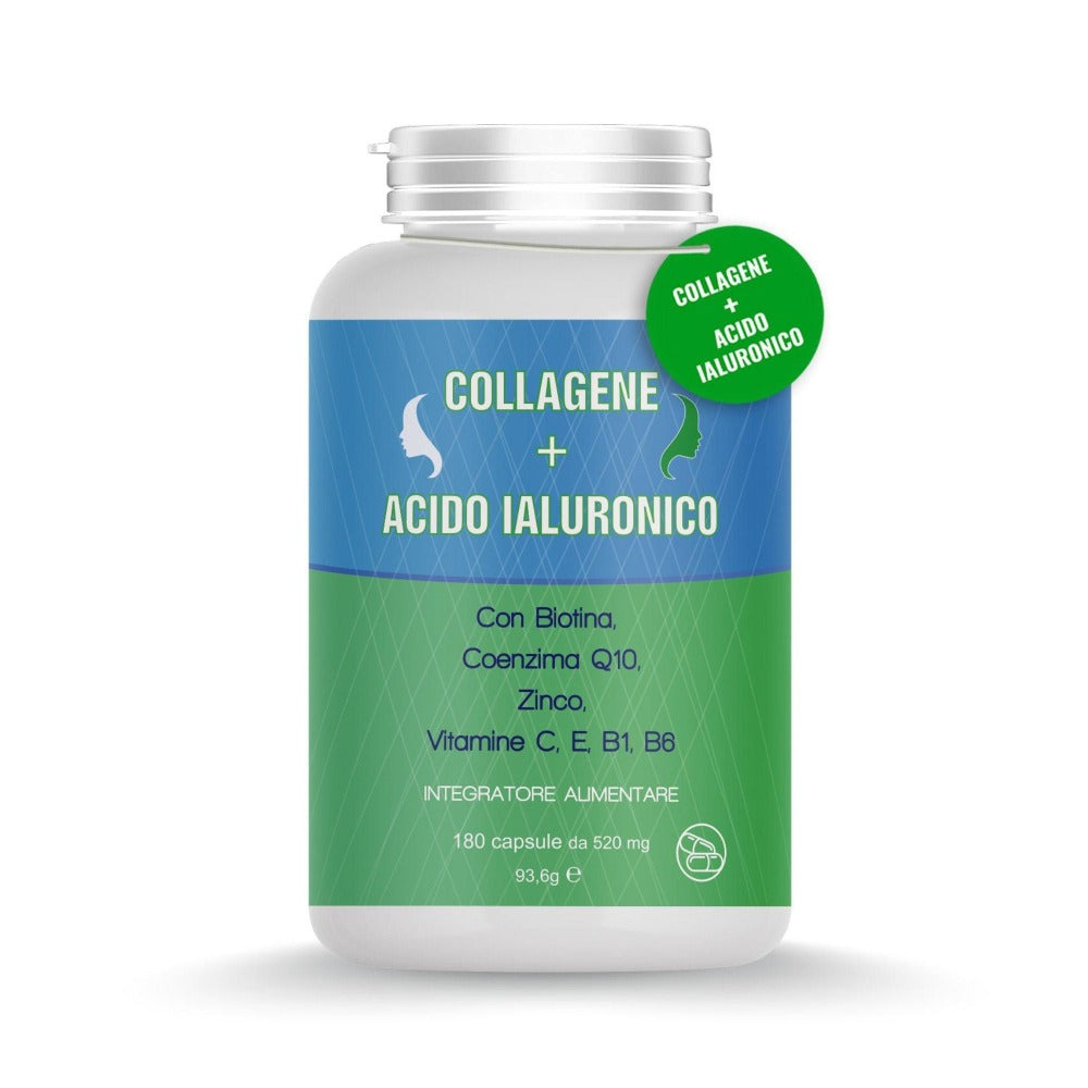 Suplemento de colágeno y ácido hialurónico, 180 cápsulas, con biotina, coenzima Q10, zinc, vitamina C, vitamina E, vitamina B1 y B6 - Hecho en Italia
