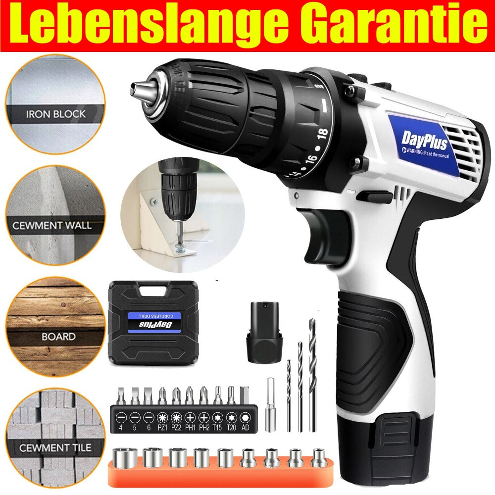 Atornillador Inalámbrico de Poder con 1x O 2x Baterías y 23 Puntas, 18+1 Ajuste de Torque, Taladro Combi de 2 Velocidades, Kit de Taladro con Garfio de 3/8" con Caja de Almacenamiento para Bricolaje en el Hogar, Luz LED para Cemento, Hormigón, Techo, Ladr