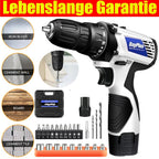 Atornillador Inalámbrico de Poder con 1x O 2x Baterías y 23 Puntas, 18+1 Ajuste de Torque, Taladro Combi de 2 Velocidades, Kit de Taladro con Garfio de 3/8" con Caja de Almacenamiento para Bricolaje en el Hogar, Luz LED para Cemento, Hormigón, Techo, Ladr