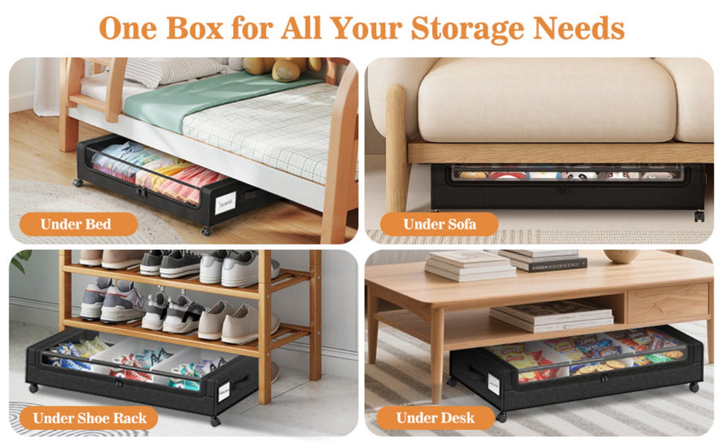 Paquete de 2 cajas de almacenamiento para debajo de la cama con ruedas, organizadores de fábrica Oxford para ropa, cajones de metal con tapa transparente, zapatos, caja de almacenamiento rodante multiusos con ventana transparente