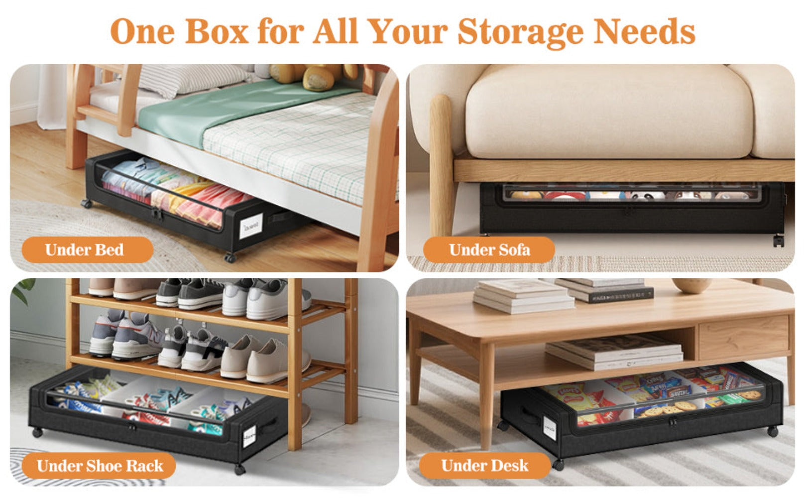 Paquete de 2 cajas de almacenamiento para debajo de la cama con ruedas, organizadores de fábrica Oxford para ropa, cajones de metal con tapa transparente, zapatos, caja de almacenamiento rodante multiusos con ventana transparente