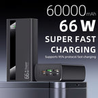 Un cargador portátil de 60000 mAh con capacidades de carga rápida, que cuenta con una pantalla digital inteligente, fabricado con tecnología de polímero de litio, ofrece una alta capacidad para cargar varios dispositivos al mismo tiempo, perfecto como reg