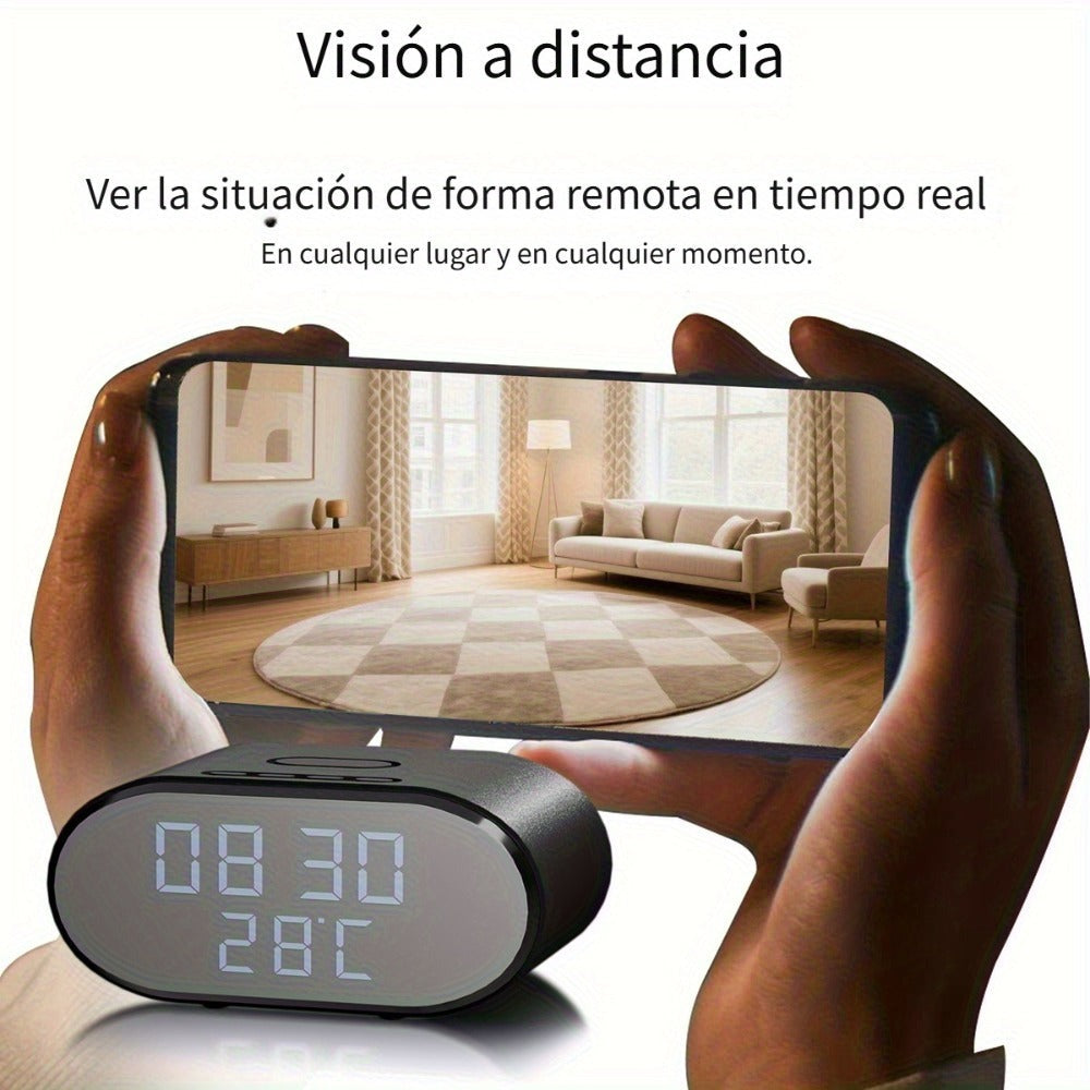 Cámara de seguridad inalámbrica despertador 4K con detección de movimiento, compatible con visualización remota en tiempo real por WIFI, notificaciones de alarma por aplicación y correo electrónico, compatible con Android e IOS, carga USB, incluye tarjeta